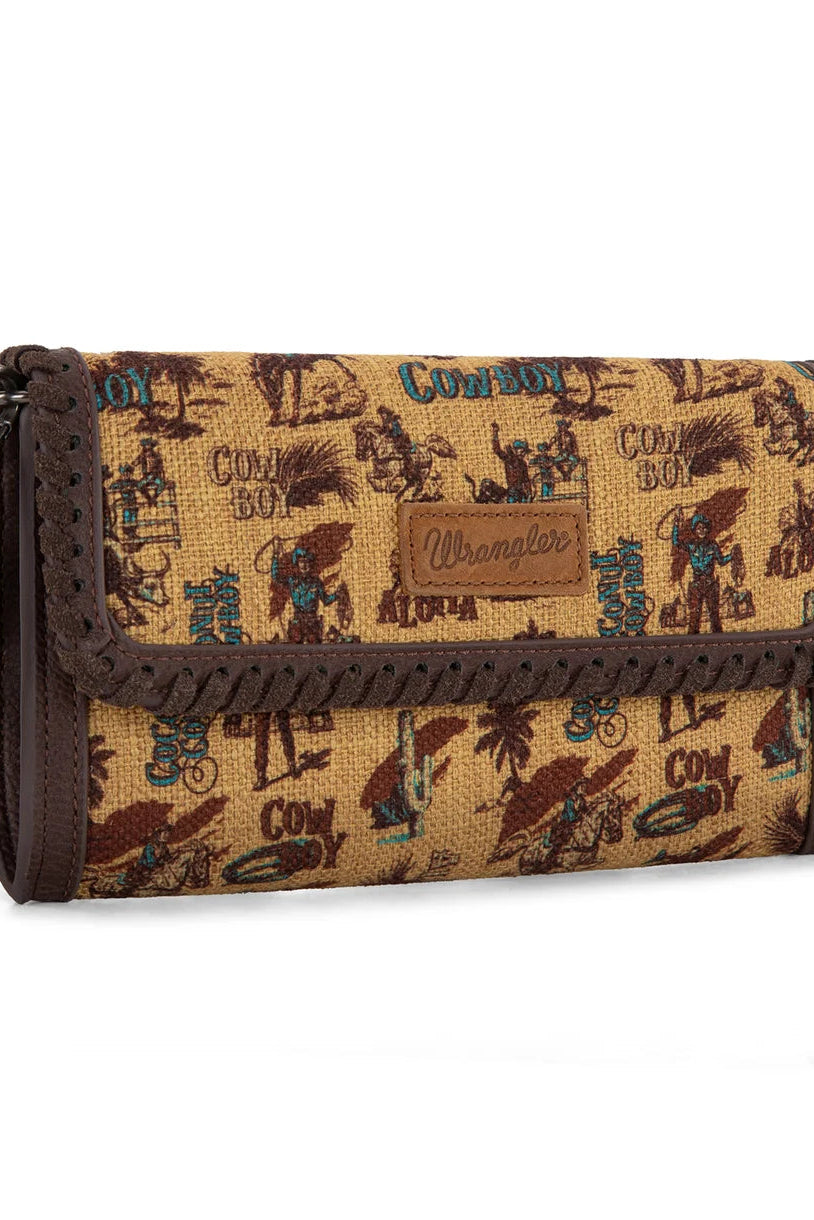 Trestles Clothing Company retro cowboy print canvas and PU leather wallet with whipstitch detail and magnetic flap